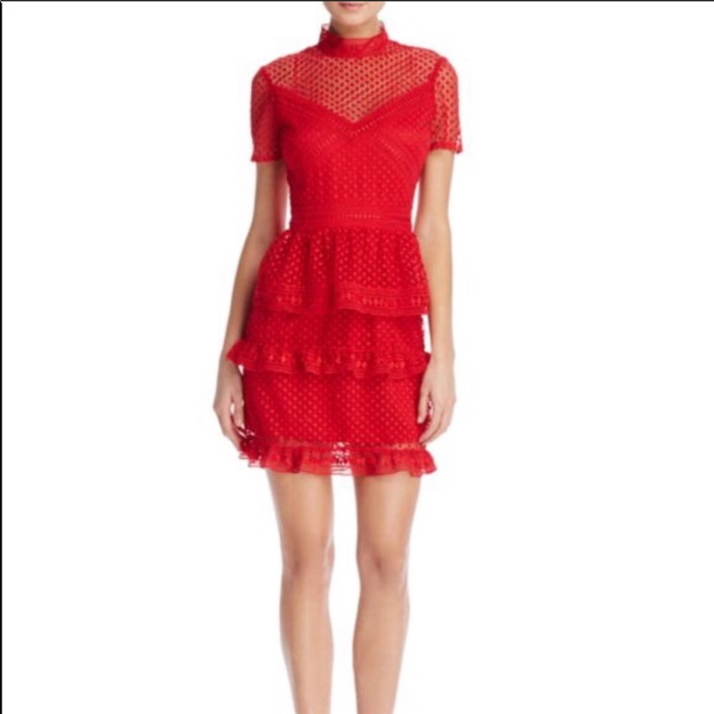 AQUA Short Sleeve Ruffled Dot Lace Dress In Red
